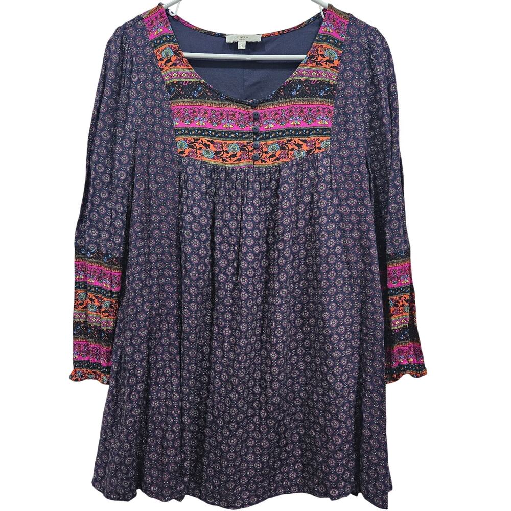 Entro Navy Pink Long Sleeve Lined Baby Doll Mini Dress Small NWOT Floral Boho
